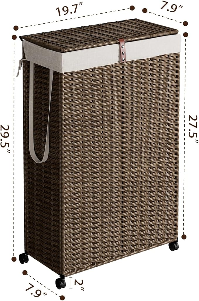 Rolling Laundry Hamper with Wheels and Lid, 90L Slim Laundry Basket with Removable Bag, Foldable Handwoven Rattan Laundry Sorter, Narrow Dirty Clothes Basket Organizer, No Assembly, Vintage