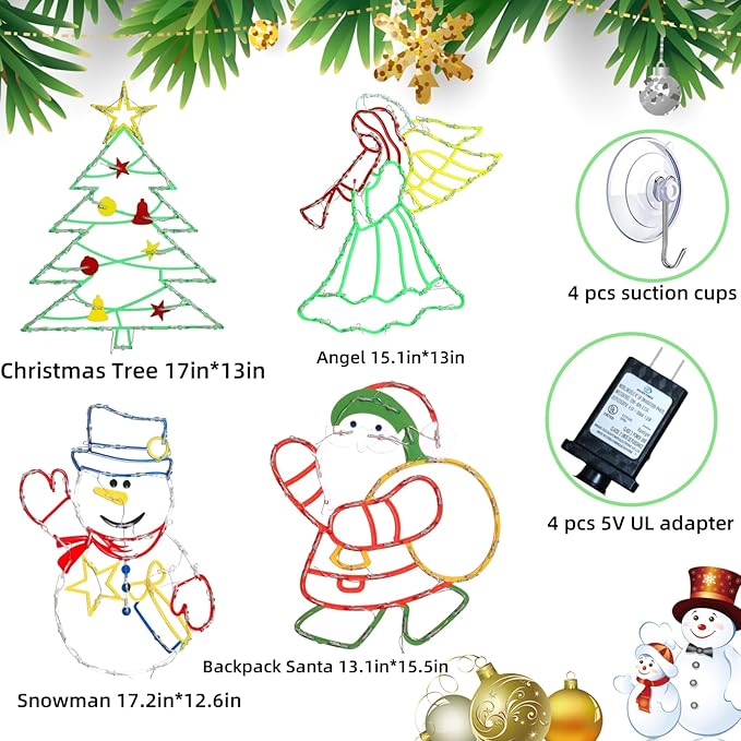 Christmas Decorations - 16" Christmas Window Silhouette Lights - 4 Pack Colour Lighted Santa & Angel & Snowman & Christmas Tree for Holiday Indoor and Outdoor Wall Door Window Decorate