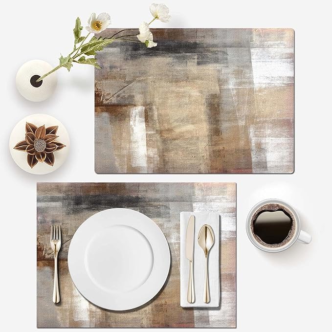 Mcalk Brown Table Runner and Placemats Set of 6 Pieces, Beige Placemats Modern Art,Abstract Art Cloth Place Mats Indoor for Kitchen,Washable Placemats Linen Material for Dining Table