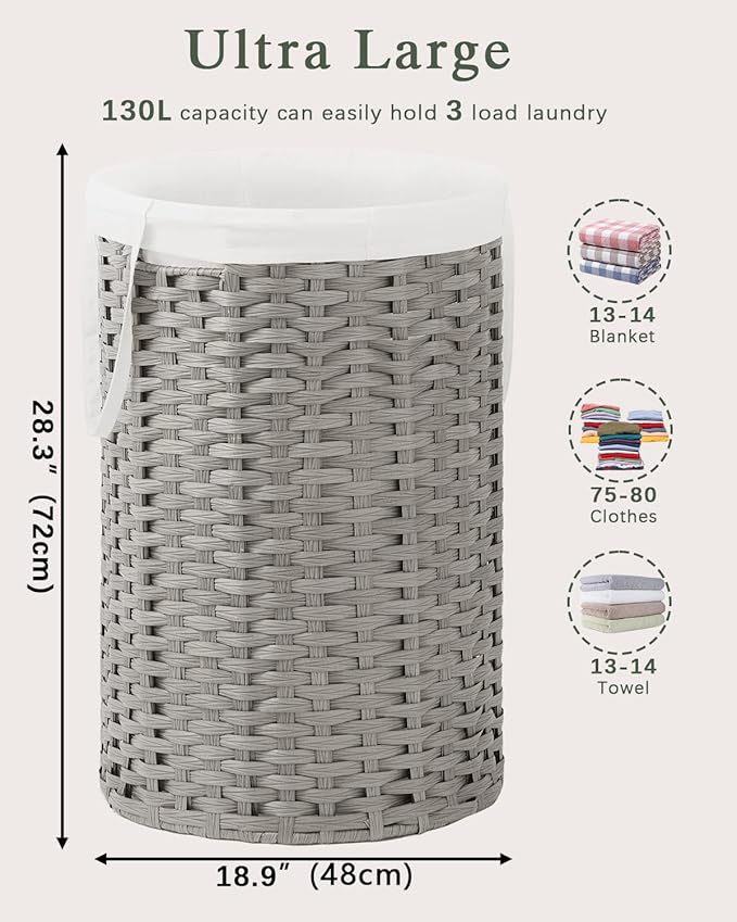 Large Laundry Hamper Laundry Basket Round 34.3 Gal (130 L) Handwoven Wicker Laundry Baskets Rattan Laundry Basket with Removable Bag Handles 2 Mesh Bags for Living Room Bedroom Gray