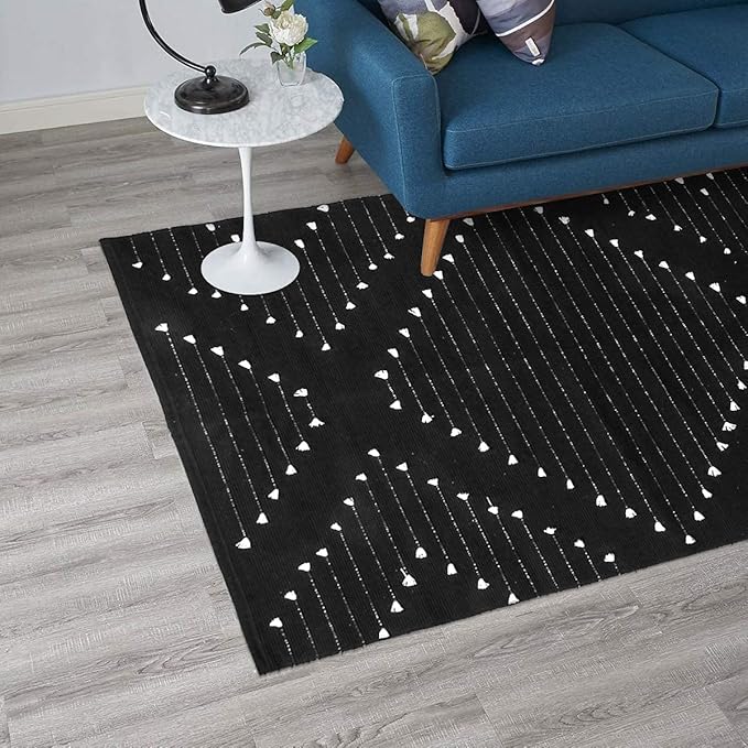 LIVEBOX Boho Black Rug for Kitchen,3' x 5' Washable Area Rug for Entryway,Moroccan Cotton Throw Rugs Morden Indoor Carpet Door Mat for Bedroom Laundry Room Hallway