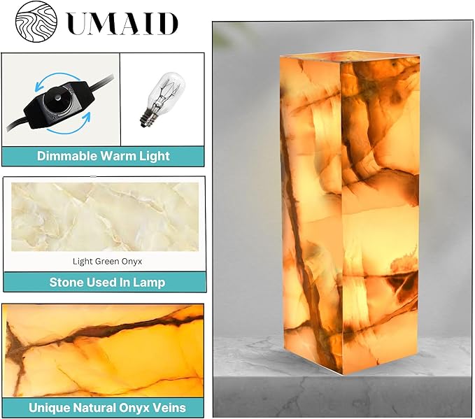 UMAID Father's Day Gifts for Dad Handcrafted Onyx Marble Table Lamp with Warm Amber Glow, Dimmable Cord & Bulb, Modern Home Decor for Bedroom, Desk, Office, Living Room, or Bedside - Luxury Touch