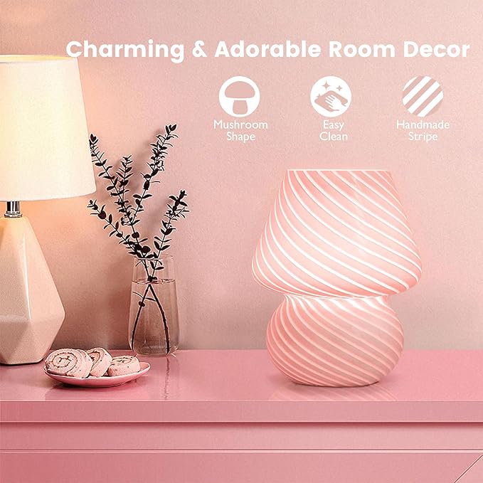 Dorm USB Plug-in Mushroom Lamp Small Bedside Table Lamp with 3 Temperature LED Bulb, Free Dimming Nights Light for Bedroom/Living Room/Entryway/Corner/Table Decor (Stripe Pink)
