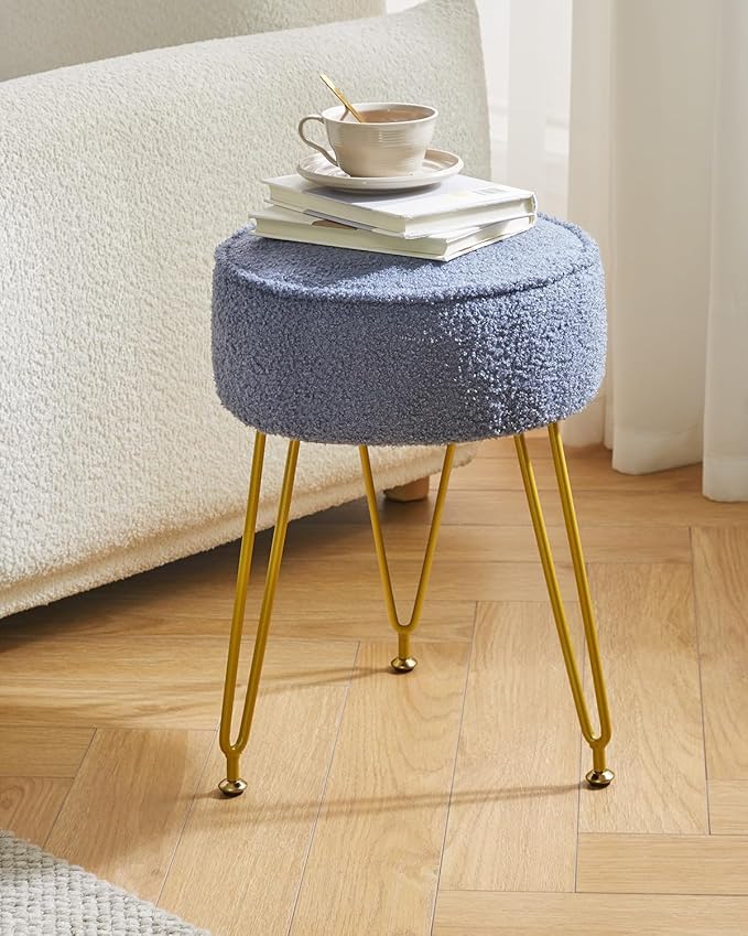 IBUYKE Teddy Velvet Round Footrest Stool Ottoman, Makeup Vanity Stool Side Table, Velvet Dressing Table Seat, Pouf Couch Stool, for Living Room Bedroom, Gray Blue WBD009BU