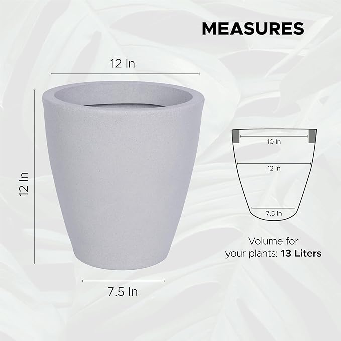 Elly Décor 12 inch Planter for Garden with Drainage, Large Round, Lightweight & Extremely Durable, Deck Indoor/Outdoor Plastic Pot, 12"x12"x7", Light Grey