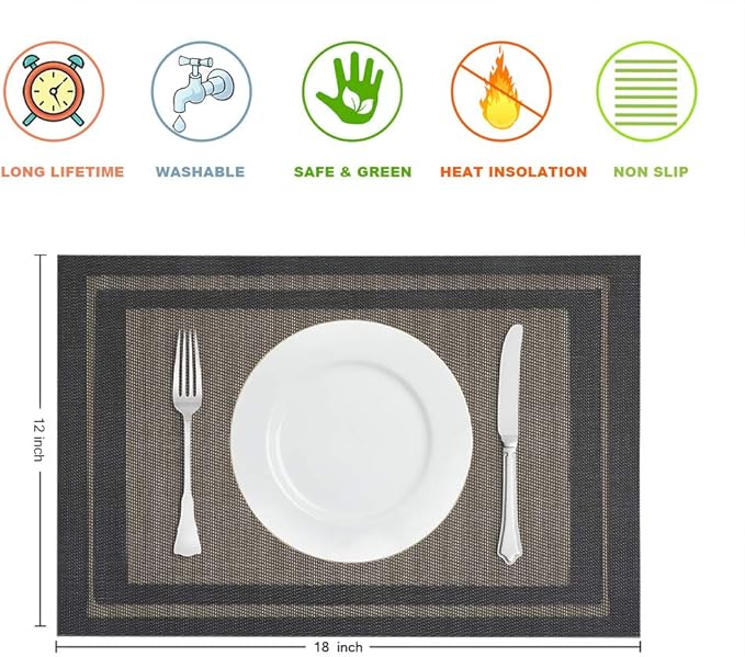 GIVERARE Placemats Set of 4, Heat-Resistant Woven Vinyl Placemat, Non-Slip Washable PVC Table Mat, Easy to Clean Premium Plastic Mats for Dining, Kitchen Table (Black+Gold)
