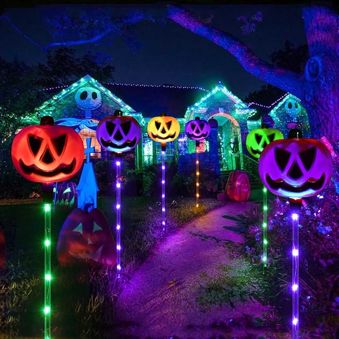 Homeleo Set of 6 Solar Pumpkin Pathway Lights for Halloween Decorations Outdoor, Color Changing Outdoor Lights, Light up Jack O Lantern Pumpkins Party Porch Yard HLD578
