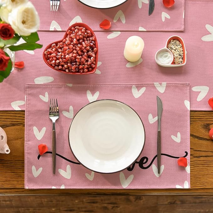 Artoid Mode Pink Love Hearts Placemats Set of 4, 12x18 Inch Seasonal Table Mats for Party Kitchen Dining Decoration