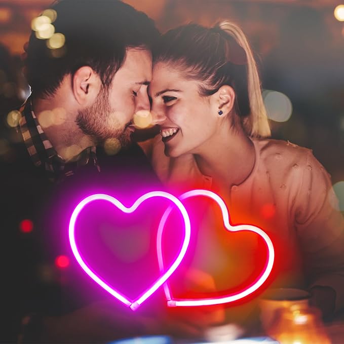 2-Pack Heart Neon Sign, Neon Heart Lights Battery Operated or USB Powered Decoration Lamp, LED Mothers Day Decoration Lights for Bedroom Girl's Room Birthday Party Wedding Christmas Décor (Pink & Red)