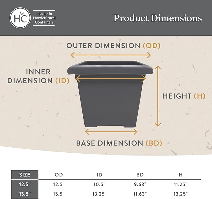The HC Companies Accent Square Plant Pot w/Drainage - Classic Planters for Outdoor Plants & Indoor Plants - Lightweight & UV-Resistant Square Planter Box (15.5”, Chocolate, Pack of 2)