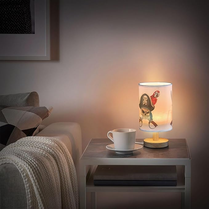 Table Lamp Pirate Skull with Sword Red Parrot Nightstand Lamp with Wood Base Fabric Lamp Shade Bedside Desk Lamp for Living Room Bedroom Kids Room Office
