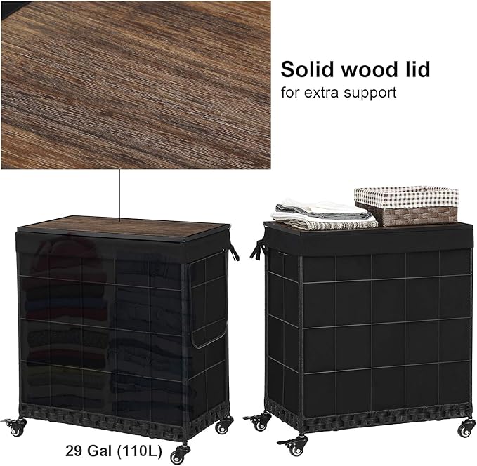 Laundry Hamper with Wood Lid and Divided Liner Bag; Durable Laundry Basket with Heavy Duty Rolling Lockable Wheels; Clothes Hamper with Removable Liner Bag; Laundry Sorter with Metal Handle (Black)