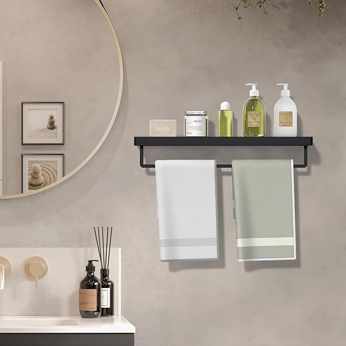 Floating Glass Shelves for Bathroom Glass Shelves 20-in with Towel Bar/Tempered Glass Rectangular 1 Tier Organizer Shelf (Matte Black, 20'')