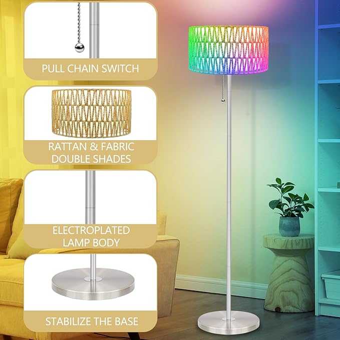 Floor Lamp for Living Room with App Remote Control and Dimmable Bulb(16 Million Colors Temperatures),Rattan & Fabric Double Shades Farmhouse Lamps,Boho Standing Tall Bedroom,Office
