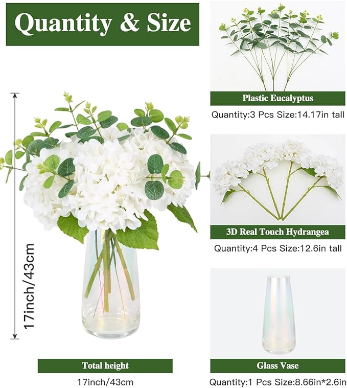 Tifuly Fake Hydrangea Artificial Flowers with Vase 4pcs 3D Real Touch Faux Hydrangea and 3pcs Eucalyptus Stems for Wedding Centerpiece Home Party Table Decoration(White)