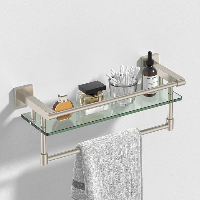 Bathroom Glass Shelf Towel Rack Shelf Glass Organizer Wall-Mounted Bathroom Storage SUS304 Stainless Steel Towel bar/Track Wall-Mounted Tempered Glass Stainless Steel Shelf (Brushed Nickel, 16-inch)