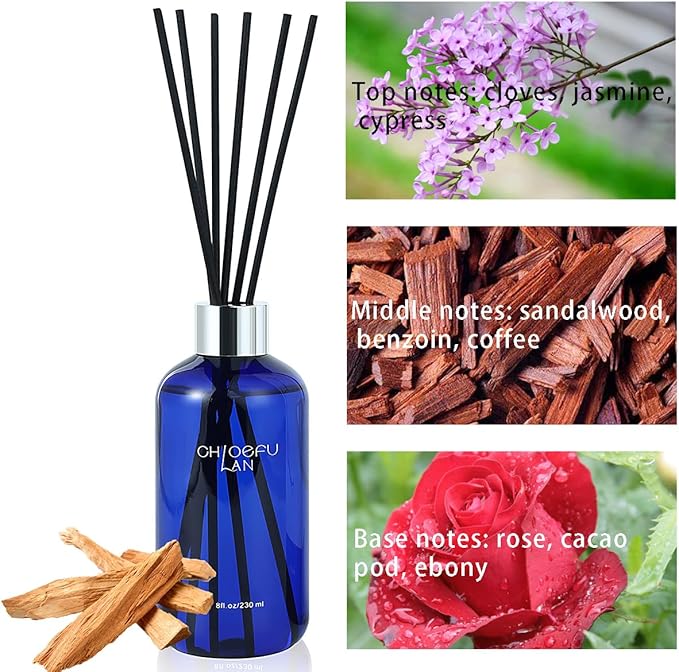 Chloefu Lan Reéd Diffuser, 8.1 oz Natural Essential Scented Oil, 6 Diffuser Sticks, Home Fragrance Sandalwood, Aromatherapy Oil Diffuser Reeds, More Masculine Scent, Bathroom & Office Decor 230ml