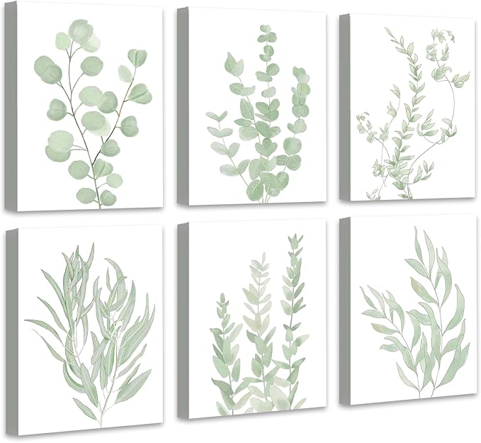 Botanical Eucalyptus Canvas FRAMED Wall Art,Boho Plant Wall Decor for Bedroom,Minimalist Prints for Living Room,Light Green Botanical Art Painting for Bathroom,Set of 6,8”x 10”