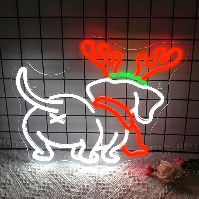 NOSUN Dog Neon Sign, LED Christmas Elk Horn Light, Dimmable Cute Puppy Wall Decor for Home, Holiday Party
