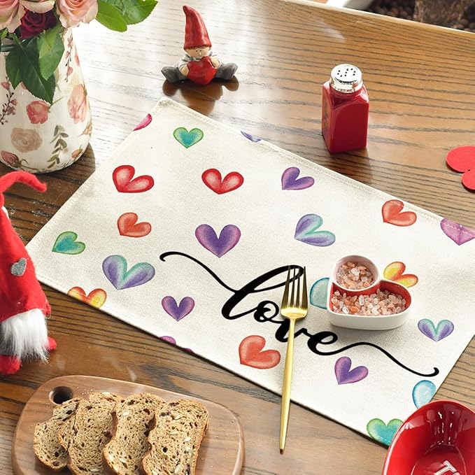 Artoid Mode Multicolor Love Hearts Valentine Placemats Set of 4, 12x18 Inch Seasonal Anniversary Holiday Table Mats for Party Kitchen Dining Decoration
