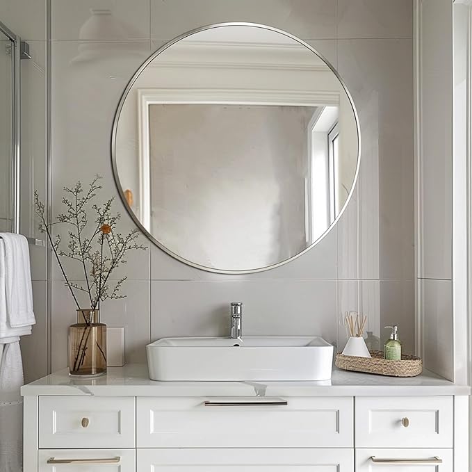 Silver Round Mirror 30 inch, Round Bathroom Mirror, Silver Circle Mirrors with Aluminum Frame, Circle Wall Mirrors for Bathroom, Living Room, Hallway, Bedroom.