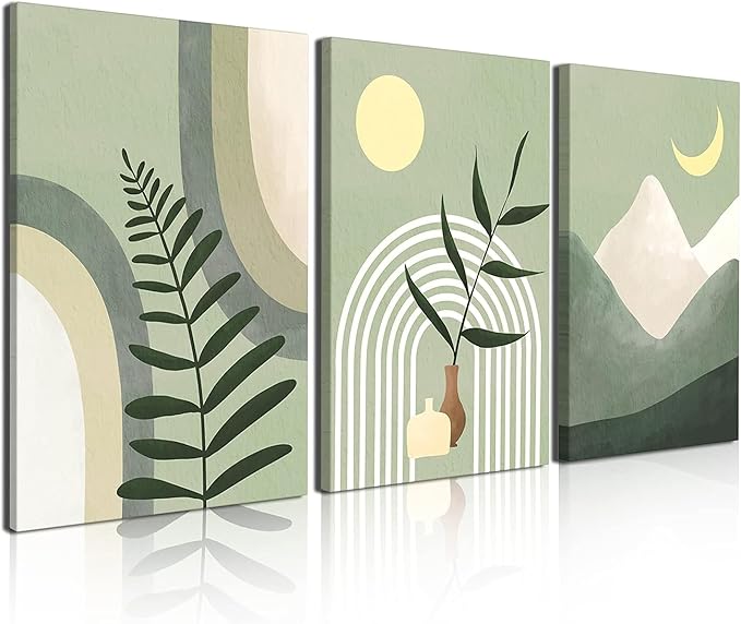 Boho Wall Art Painting,Boho Wall Art Set of 3, Sage Green Minimalist Framed Canvas Wall Art Geometric Leaf Sun Moon Beige Green Canvas Artwork 12"X16" for Bathroom Living Room Boho Wall Decor