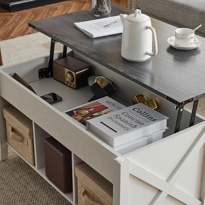 VINGLI Lift Top Coffee Table, Charcoal Top with White Frame, Farmhouse Cross-Sided Design, with Storage Shelf/Hidden Compartment, Gas Lift Mesa De Centro para Sala Pop Up Coffee Table