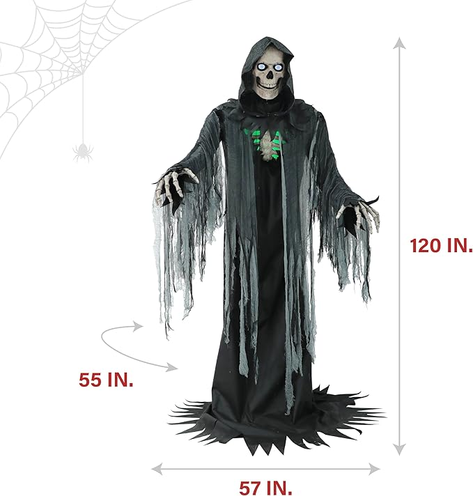 Haunted Hill Farm Motion-Activated 10-Ft. Tall Towering Reaper, Plug-in Talking Scare Prop Animatronic with Spooky Sound Effects and Lights for Indoor or Covered Outdoor Creepy Halloween Decoration