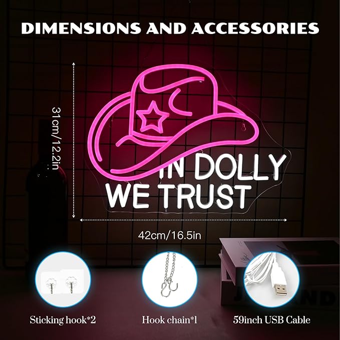 In Dolly We Trust Neon Sign Dimmable Cowgirl Hat Led Signs for Wall Decor LED USB Powered Western Retro Style Neon Light Sign for Club Home Party Bar Girls Bedroom Decoration Birthday Gifts