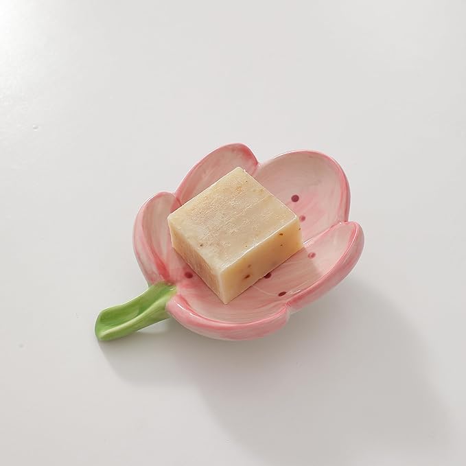 Ankah Decorative Ceramic Soap Box, Flower Shape Soap Dish, Self-Draining to Keep Dry Stop Mushy Soap Holder, Easy Cleaning, Best for Shower Bathroom and Kitchen (Tulip, Pink)