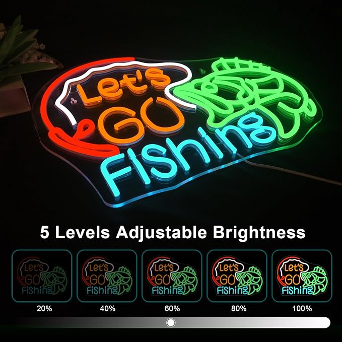 Lucunstar Let's Go Fishing Neon Sign,Dimmable Fish Neon Light for Wall Decor,LED USB Powered Fishing Hook Lights for Bedroom Living Room Man Cave Yacht Decor Men Gifts