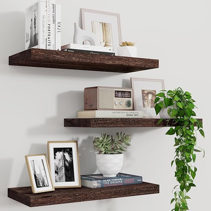 Marsmiles Wood Floating Shelves for Wall Set of 3, 17 Inch Wide Rustic Wooden Floating Shelves, Invisible Wall Mounted Display for Living Room Bedroom Kitchen Bathroom Office, Rustic Brown