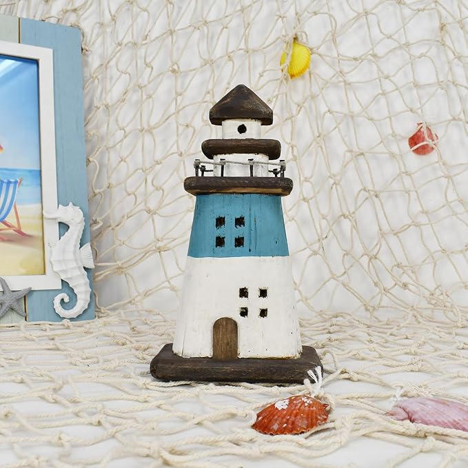 K KILIPES Beach Lighthouse for Bathroom Nautical Home Decor, 7.5" H Wood Lighthouse Table Decoration Coastal Centerpiece Hand Crafted Lighthouse Sculpture Ocean Decorations (Red/Blue, S)