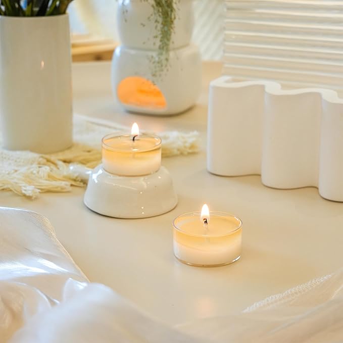 12 Unscented Natural Soy Tealight Candles in Clear Cups, 5H Long Clean Burning, Hand-Poured White Mini Tea Candle Set for Parties, Spa, Meditation, Gift, Holiday, Emergency, Home Decor
