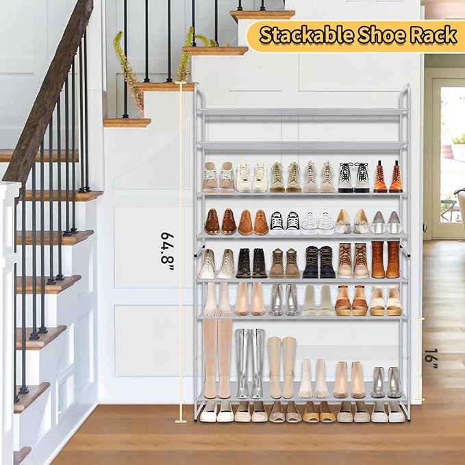 SLEEPING LAMB 4-Tier Long Shoe Rack Organizer for Closet, Stackable Wide Shoe Shelf Holds 30-Pairs Low Shoe Storage for Bedroom, Floor, Entryway (Grey)