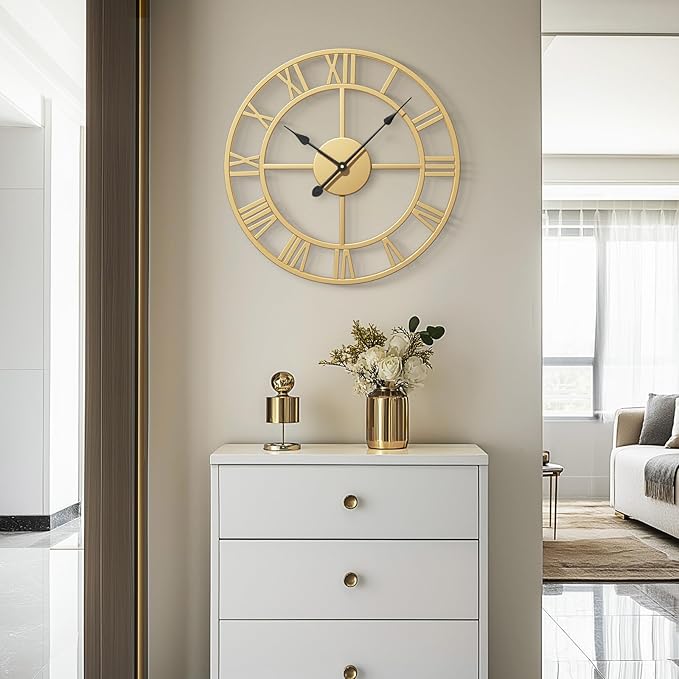 16 Inch Metal Gold Wall Clock - Silent Non-Ticking Battery-Operated Round Rustic Modern Clock for Living Room, Kitchen, Mantel - Roman Numerals