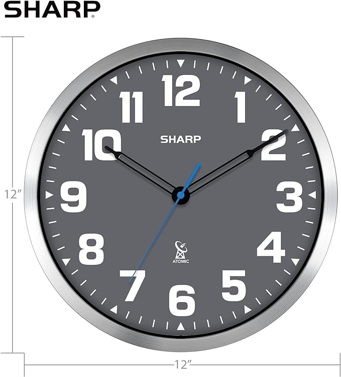 Sharp Atomic Analog Wall Clock - 12" Grey Face, Silver Brushed Finish - Sets Automatically- Battery Operated - Easy to Read - Easy to Use – Modern Design and Style