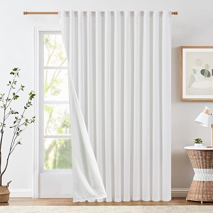 jinchan White Lined Linen Blend Curtain for Sliding Door 84 Inch Length 1 Panel for Living Room, 100 Inch Extra Wide Drape with Rod Pocket Back Tab(100W x 84L, White)