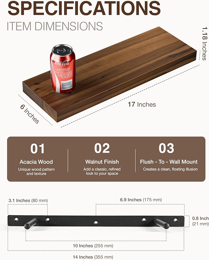 BATODA Set of 2 17" Acacia Wood Floating Shelves Wall Mounted – Rustic Farmhouse Wooden Wall Storage Shelf Bedroom, Kitchen, Home Décor - Brackets and Shelving Mounting for DIY (Walnut Color)