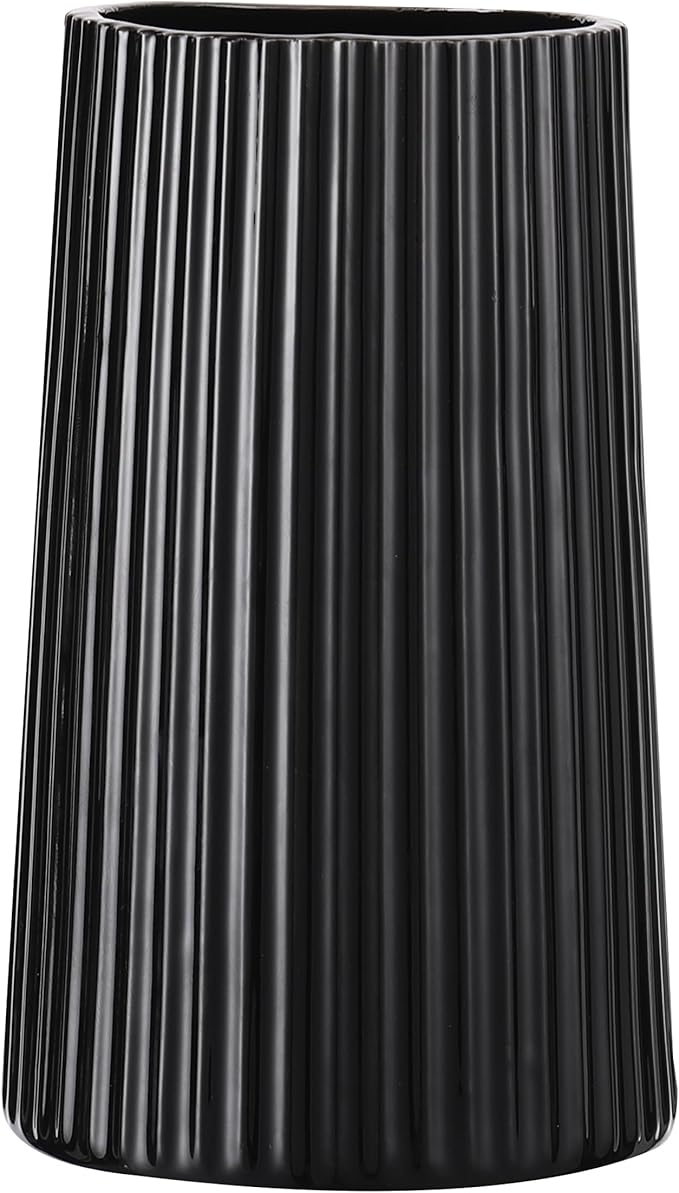Black Ceramic Vase for Flowers, Large Modern Black Vase for Home Decor, Decorative Vase for Living Room, Office, Mantel, Shelf, Dining Table, 8 inches