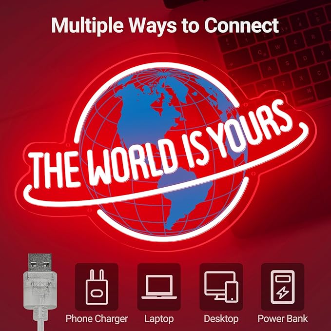 The World is Yours Neon Sign, Remote Dimmer Planet LED Neon Light Lamp for Wall Decor, USB Power for Man Cave Home Bar Bistro Club Cafe Wedding Game Room Bedroom Birthday Gift Graduation Party (Red)