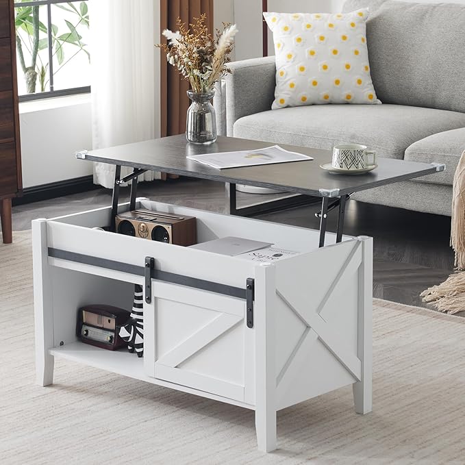 VINGLI White Charcoal Lift Top Coffee Table, 36" Small Farmhouse Barn Door Coffee Table with Storage, Rectangular Center Wood Coffe Table with Lifting Top, Living Room Tables with Hidden Compartment