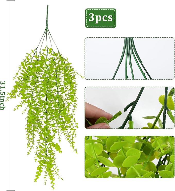 Fake Hanging Plants Faux Vine Leaves Artificial Green Eucalyptus Plants Fake Hanging Eucalyptus Leaf Plant Decorate Indoors Outdoors Decor of Living Room Kitchen Yard Garden Bedroom Wall(Light Green)