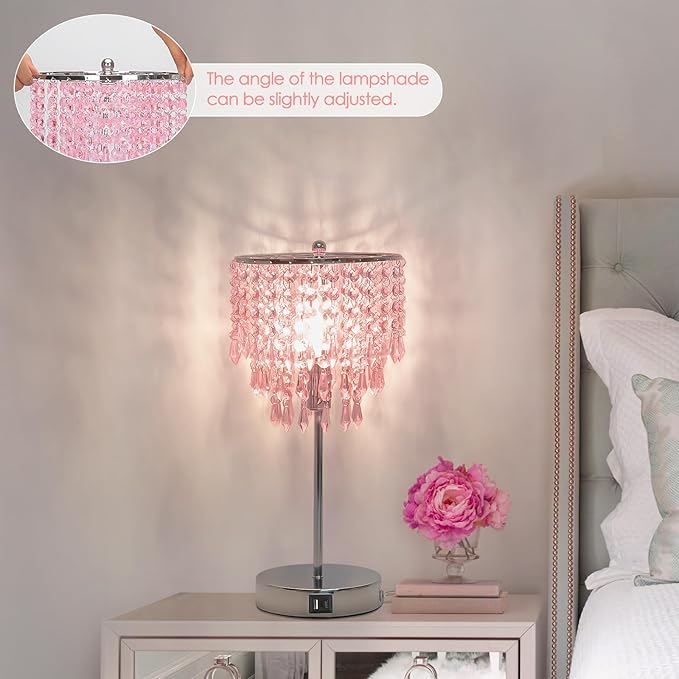 Crystal Touch Control Table Lamp with Dual USB Charging Ports, 3 Way Dimmable Bedside Lamp with Pink Shade, Decorative Nightstand Lamp for Girls Bedroom, Living Room, Office, B11 LED Bulb Included