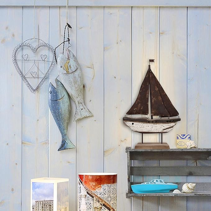 Rustic Wood Sailboat Decor Tabletop Nautical Decor, Wooden Sailboat Nautical Decoration Beach Themed Decoration Coastal Decor Sailboat Decoration for Home Mediterranean Decor (White)
