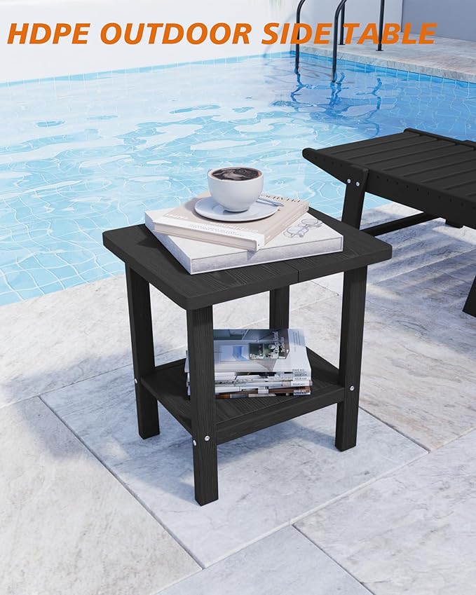 2-Tier Adirondack Square Outdoor Side Table, Pool Composite Patio Table, Weather Resistant End Table for Patio, Backyard, Pool, Easy Maintenance - Black