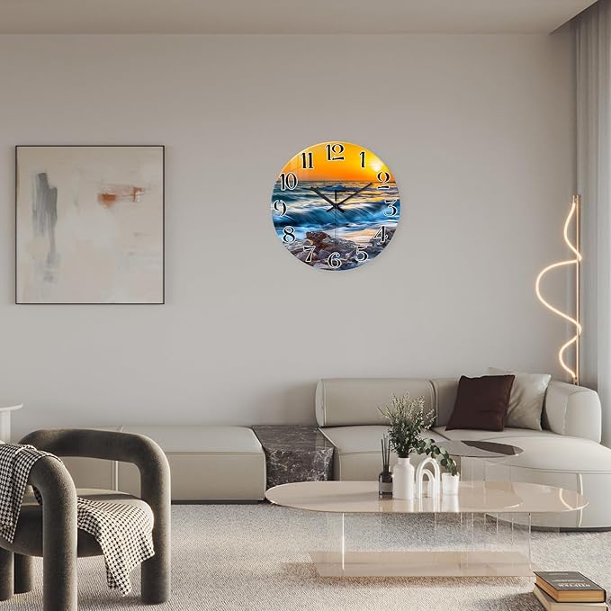 Blue Wall Clocks Battery Operated 14 Inch Beach Wall Clock for Bedroom Glass Wall Clock Silent Non Ticking