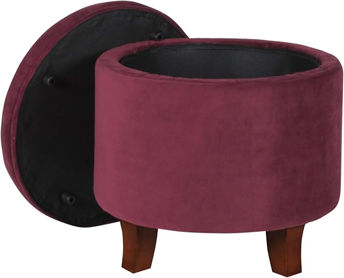 Homepop Home Decor | Upholstered Round Velvet Tufted Foot Rest Ottoman | Ottoman with Storage for Living Room & Bedroom | Decorative Home Furniture, Burgundy Small