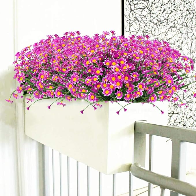 Artificial Daisies Flowers Outdoor UV Resistant 4 Bundles Fake Foliage Greenery Faux Plants Shrubs Plastic Bushes for Window Box Hanging Planter Farmhouse Indoor Outside Decor(Magenta)