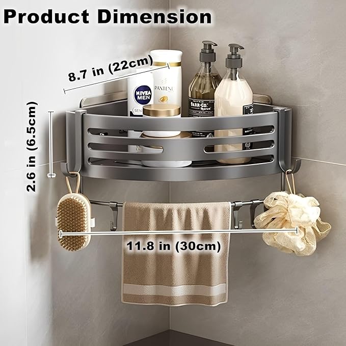 Corner Triangle Shower Shelves with Connecting Rods and 6 Hooks, Drilled or Non-Drilled Rust Resistant Storage Shelf for Bathroom, Kitchen, Wall Mounted Storage Shelf (1 Pack, Gray)